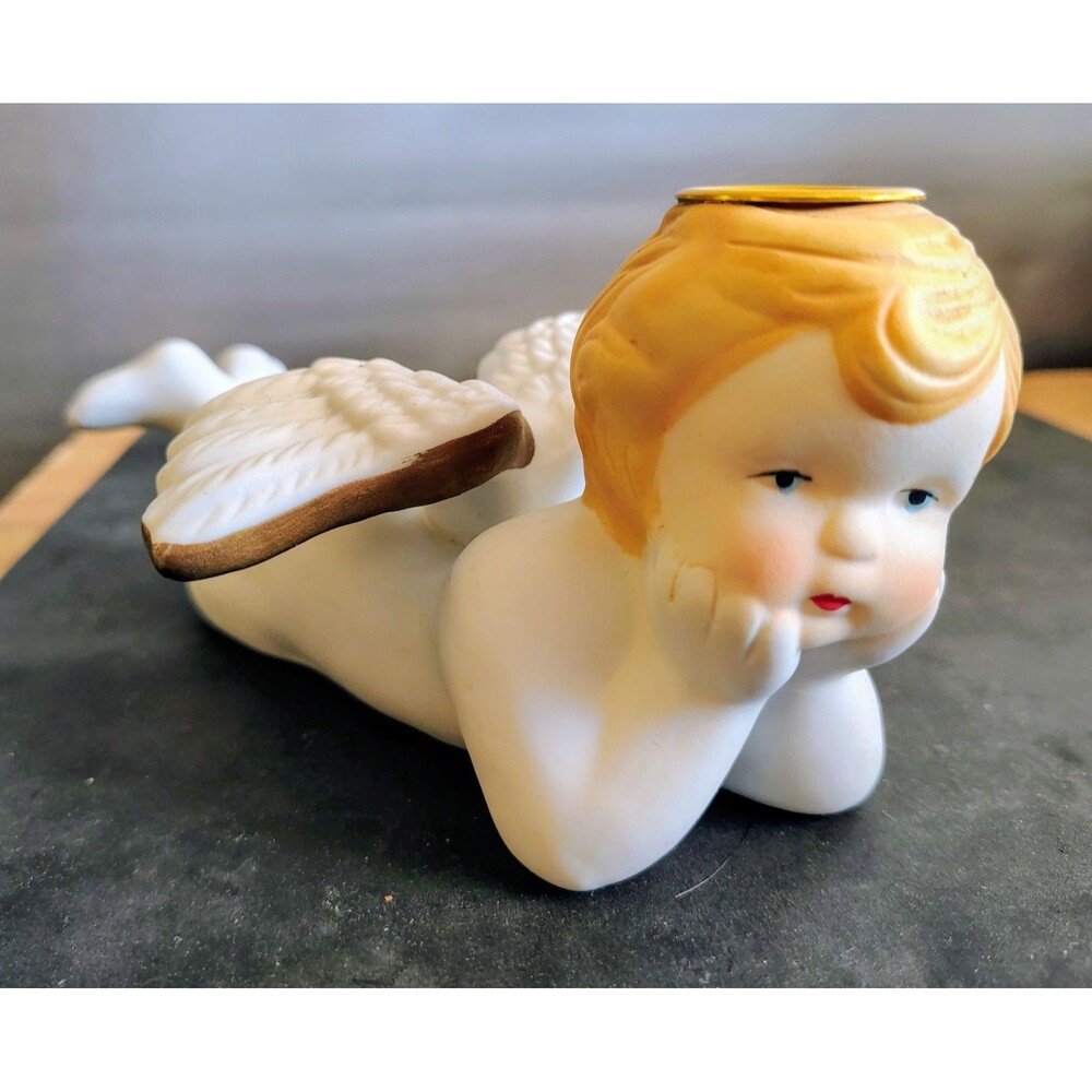 Vintage Reposed Cherub Candleholder porcelain ceramic white w/gold trim